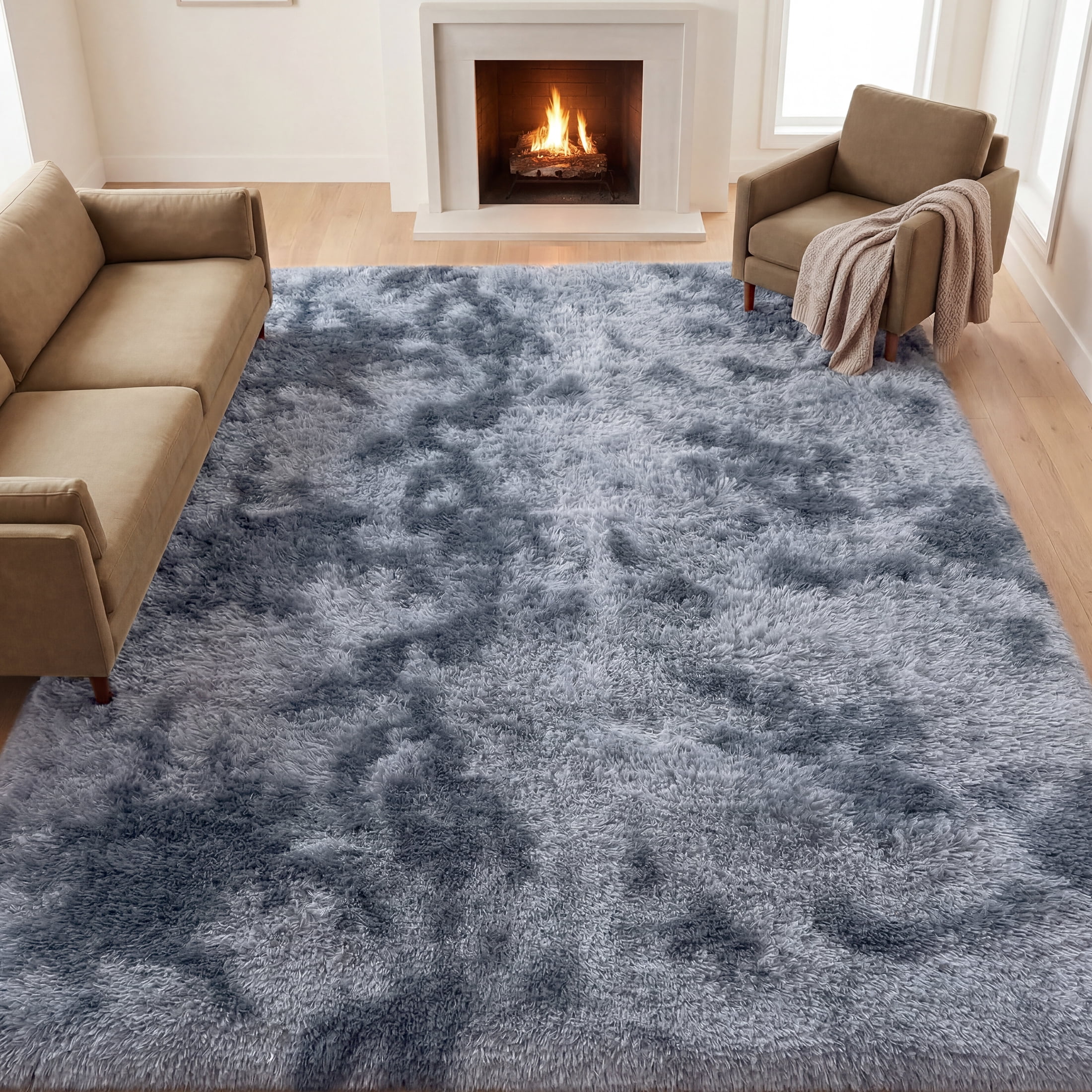 Nefoso Shag Area Rug, 8ft x 10ft Soft Fluffy Tie-Dye Area Rugs for Living Room Bedroom Decor Carpet, Blue & Grey