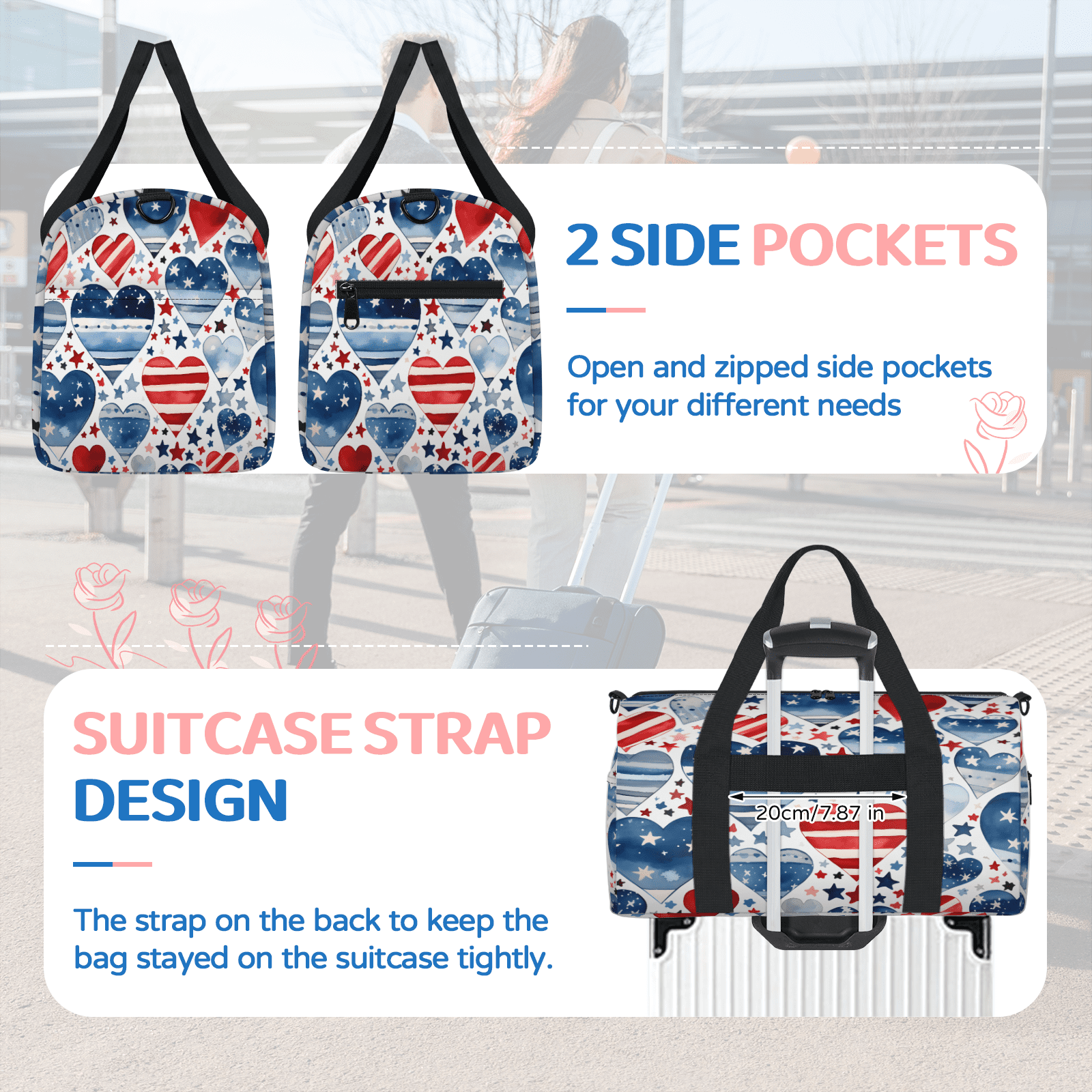 Herdesigns 4th Of July Heart Travel Duffle Bag Sports Yoga Weekender Overnight Carry on Workout Bags Lightweight Waterproof Gym Tote Bag for Women