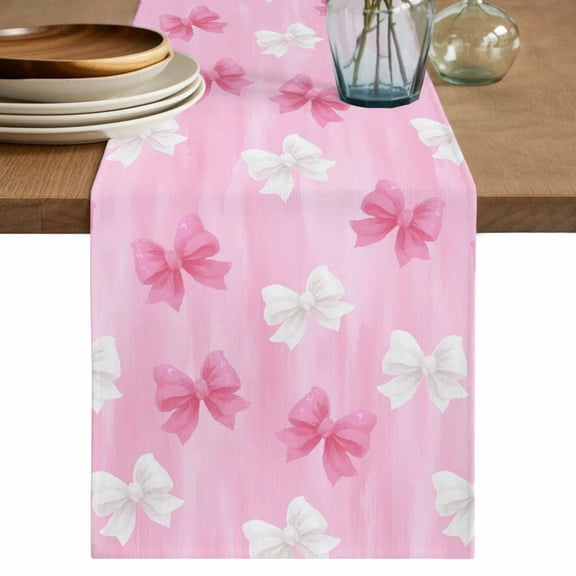 Table Runner 72 Inches Long for Kitchen Dining, Pink White Bow Dresser Scarf Farmhouse, Dining Table Decorations for Wedding/Parties, Modern Art Watercolor Bowknot 13 x 72 In