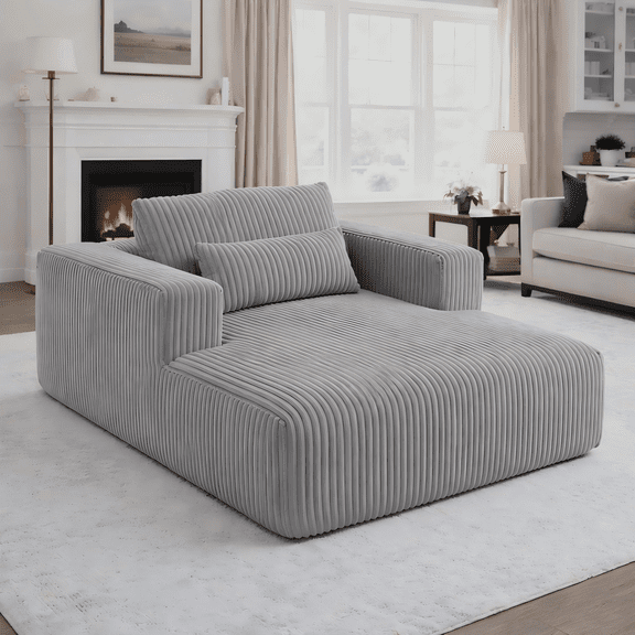 Miniyam Oversized Corduroy Chaise Lounge Sofa, Deep Seat Plush Couch with Pillows, Upholstered Floor Sofa, No Assembly for Living Room Bedroom, Gray