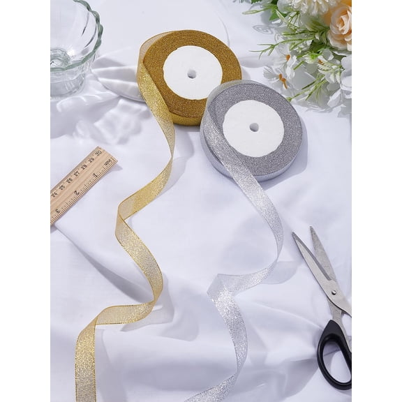 50 Yards(45.72m) Glitter Metallic Organza Ribbon Sparkle Ribbon Mixed Color Sheer Chiffon Webbing for Gift Wrapping Decorating Wedding Birthday Bouquet Garland 5/8 inch(15mm)