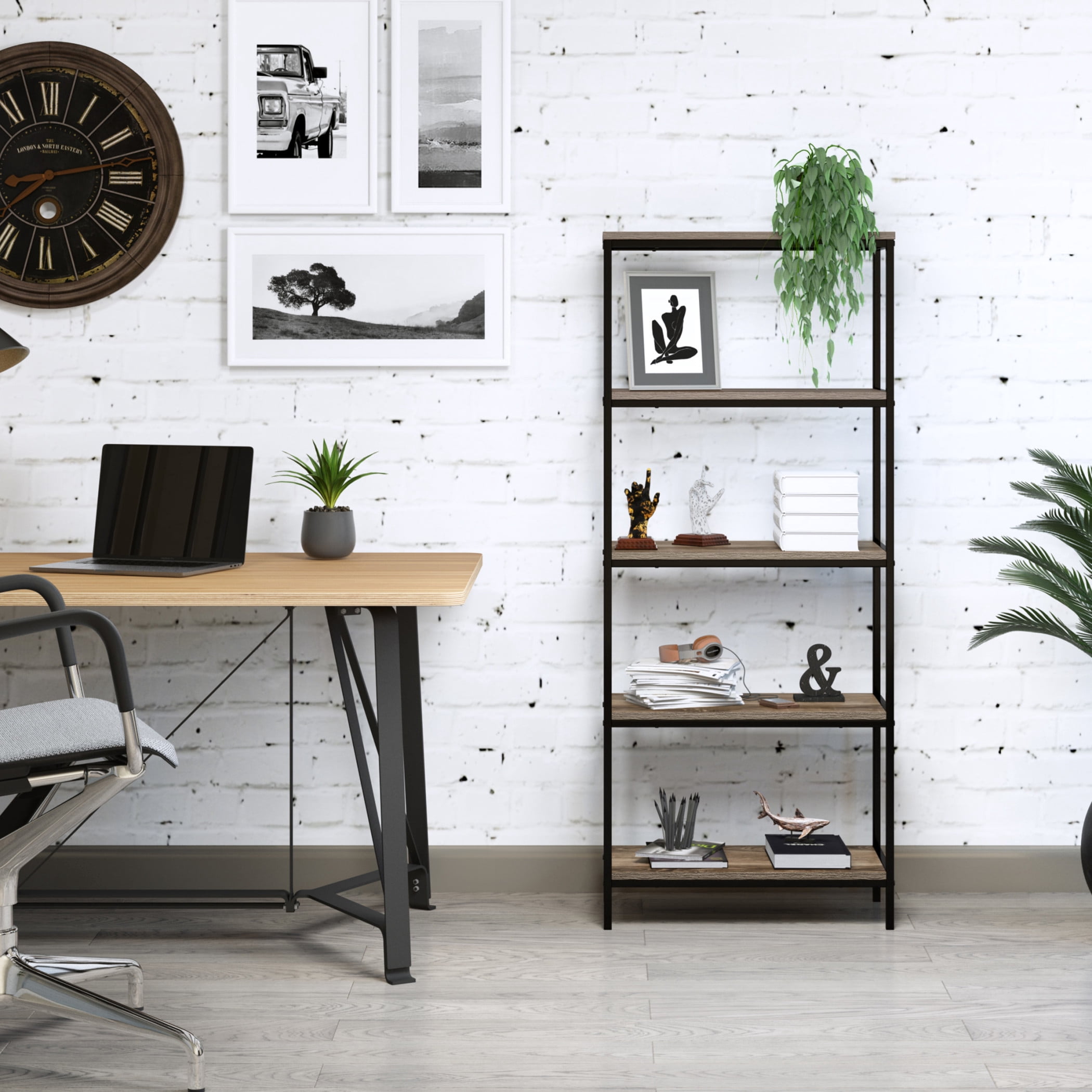 Lavish Home 5-Tier Bookshelf, Gray Woodgrain