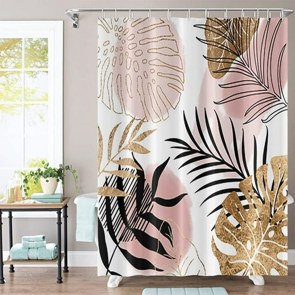 Abstract Boho Shower Curtain Mid Century Palm Leaves Botanical Pink Gold Geometric Modern Aesthetic Bathroom Decor for Women Minimalist 72Wx72H Inches Bath Accessories with 12 Hooks