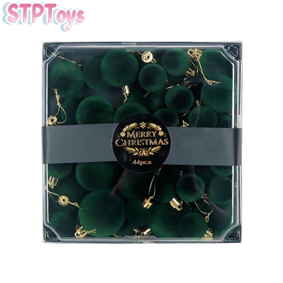 STPToys 44Pcs Christmas Dark Green Velvet Ornament Balls Assorted Sizes With Hanging Loops For Xmas Tree Holiday Home Decor