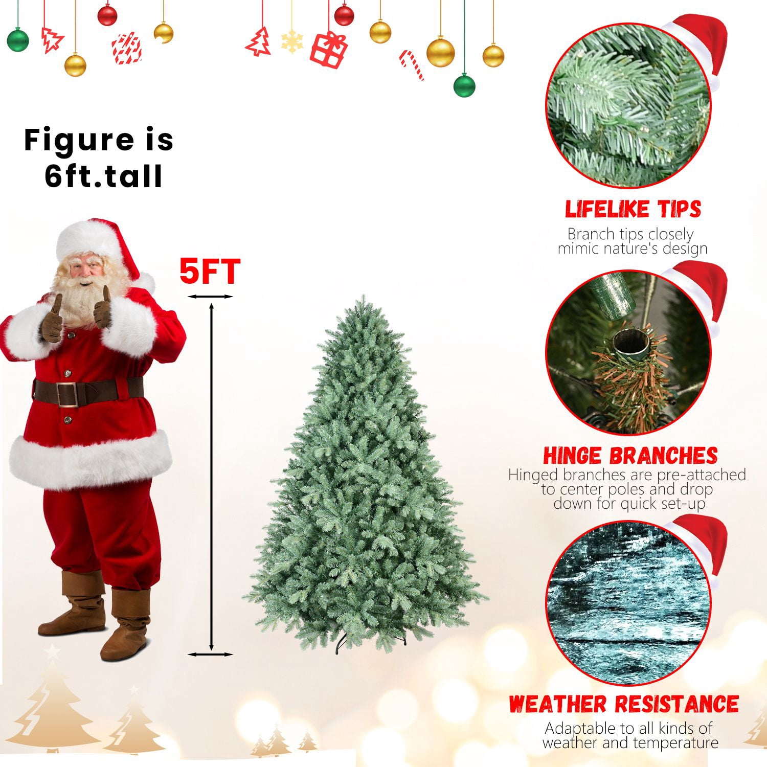 5ft Blue Spruce Christmas Tree with 592 Fire-Resistant Tips, Artificial Xmas Tree Hinged, Foldable Base Christmas Decor for Holiday Home Party