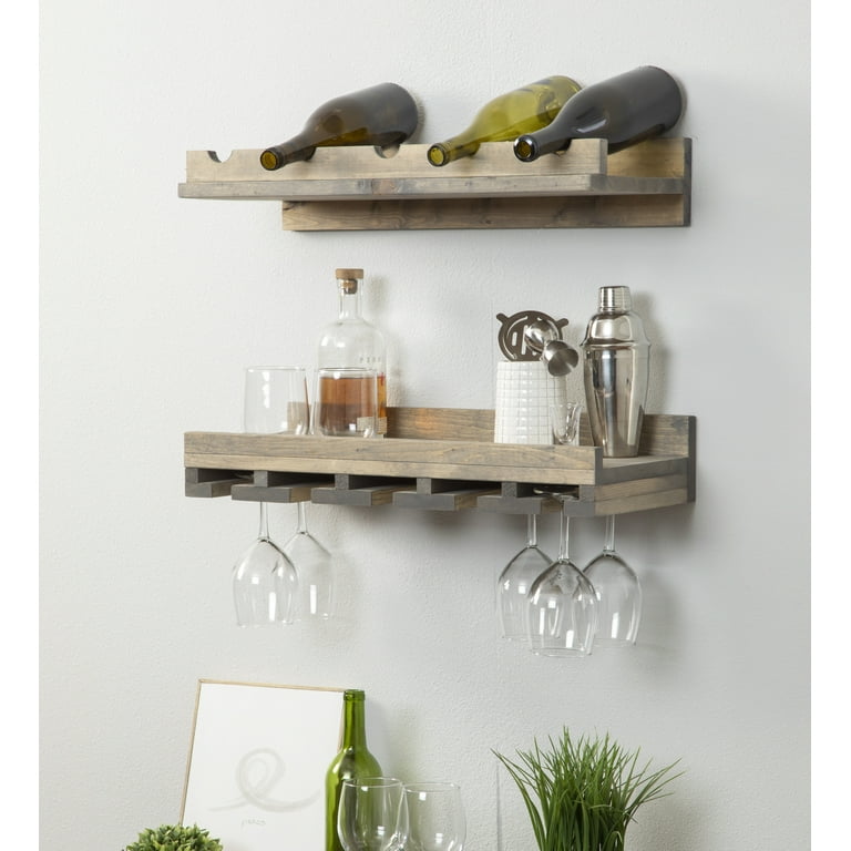 Solid Pine Wood Luxe Rustic Handmade Wall Mounted Two Tiered Wine Rack Bottle Stemmed Glass Storage Set