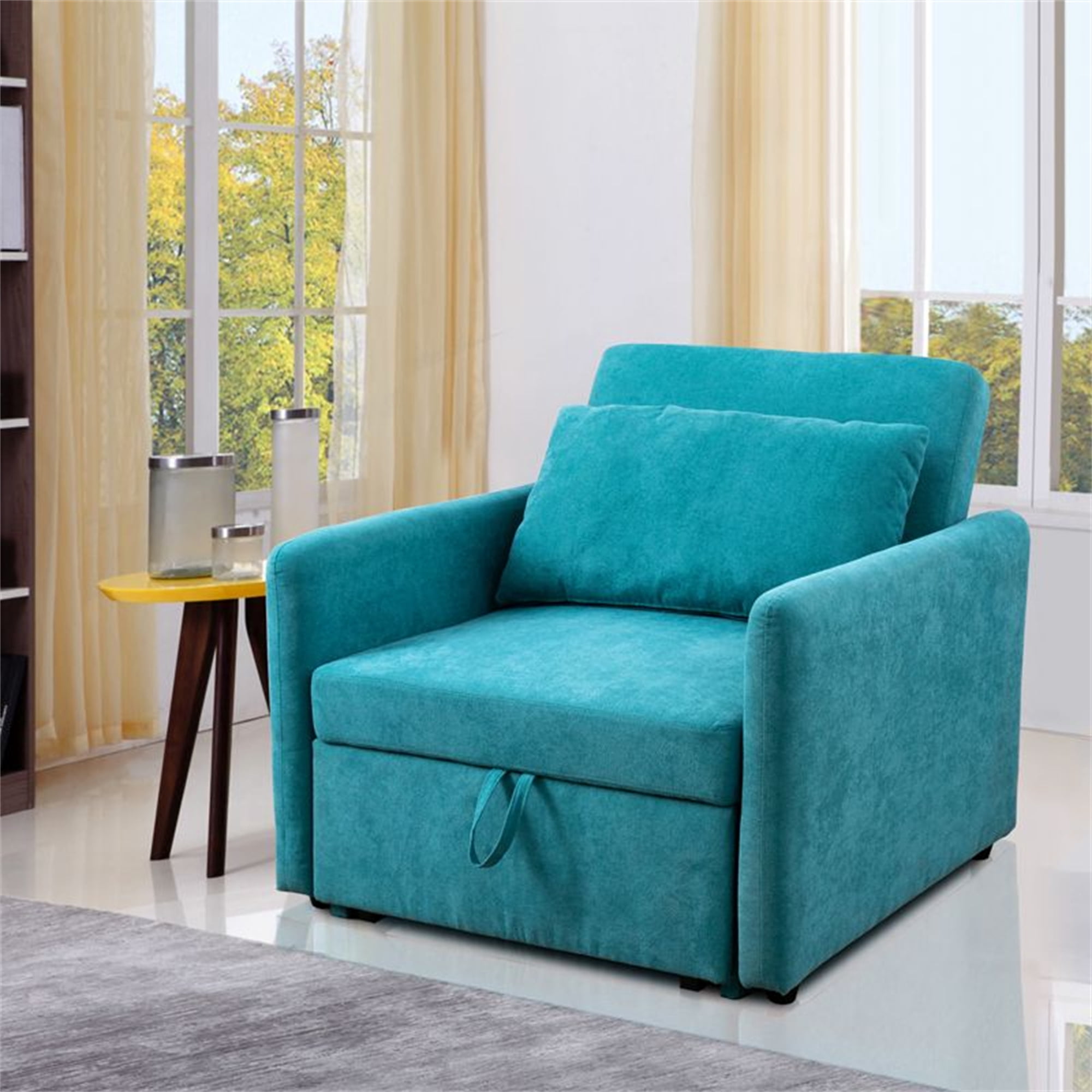 Aukfa 75" Convertible Chaise Futon Pull Out Sofa Chair Bed, Adjustable Backrest, Linen, Blue