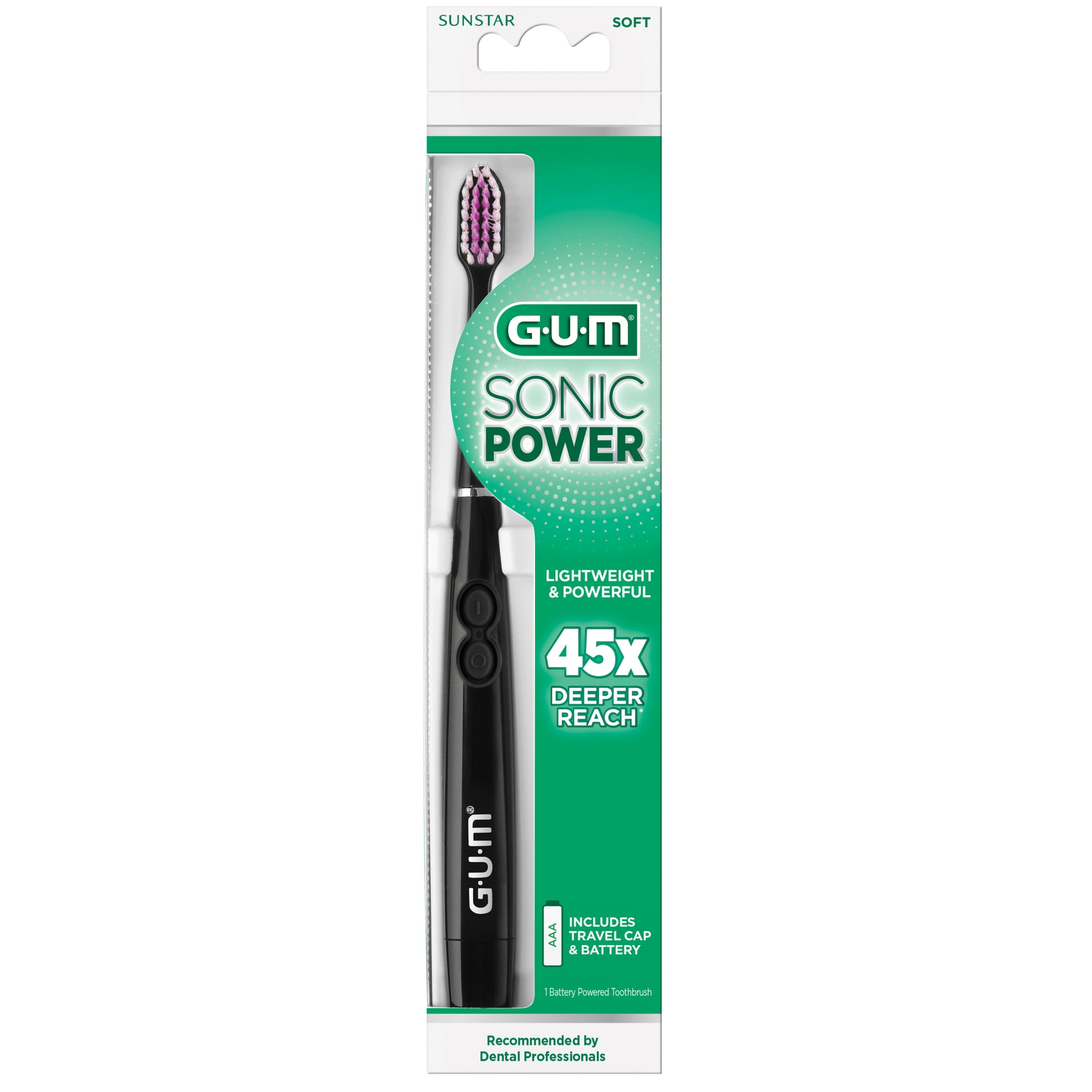 GUM Sonic Battery Powered Toothbrush with Tapered Bristles for Gumline Cleaning, Black, 1 Count