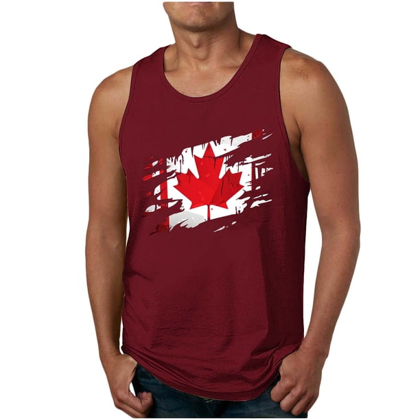 Camiseta de tirantes de cuello redondo para hombre, con estampado de hojas de arce, para fitness, para estar en casa, pijama, color liso, de poliéster.