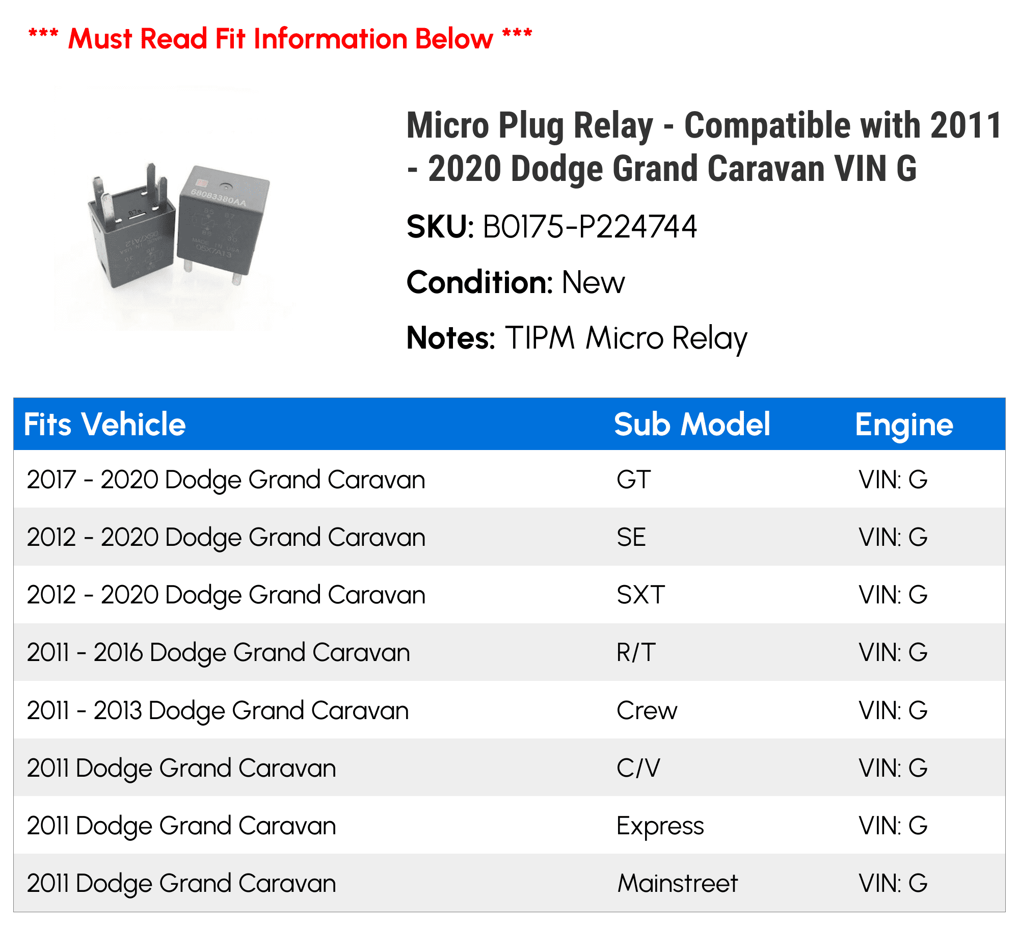 Micro Plug Relay - Compatible with 2011 - 2020 Dodge Grand Caravan VIN G 2012 2013 2014 2015 2016 2017 2018 2019