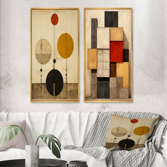 Designart "Conversing with Geometry Retro Artistry II" Modern Geometric Framed Wall Art Set Of 2 - Modern Gold Framed Canvas Set For Living Room Decor