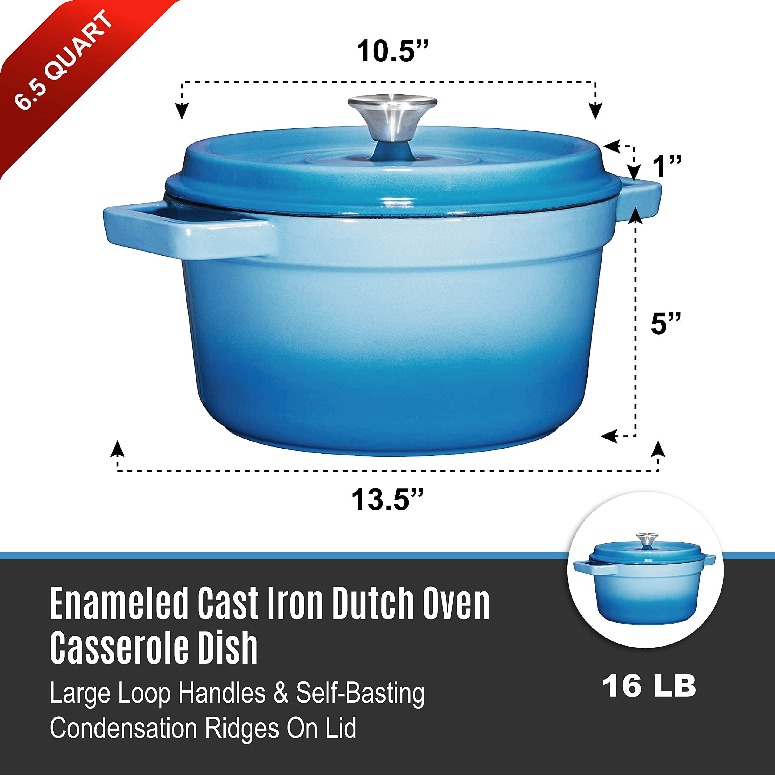 Bruntmor Grey Enameled Cast Iron Dutch Oven Casserole Dish 65 Quart Large  Loop