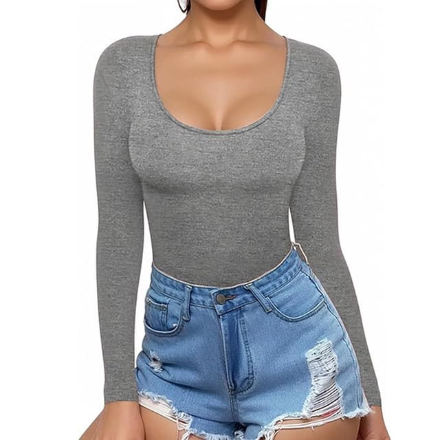 tarylea Women's Cute Tops U Neck Ribbed Slim Fitted Tops Long Sleeve Solid Color Shirts Casual Fall Going out Tops