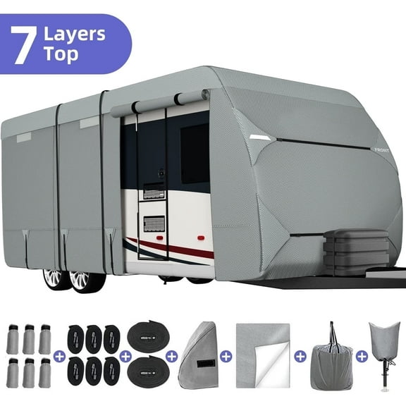 RV Cover for 30'-33' RV Travel Trailer 7 Layers Camper Cover with Tongue Jack Cover Windproof Straps Gutter Covers, Gray
