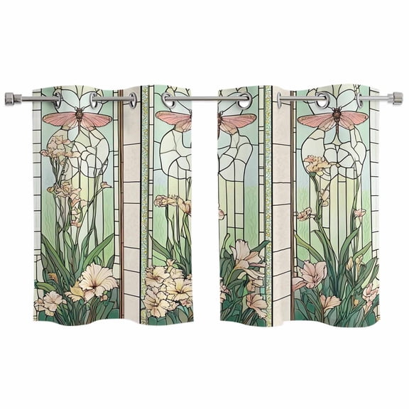 Butterfly Flowers Kitchen Curtains Small Short 39 Inch Length, Vintage Stained Glass Green Spring Grommet Top Bedroom Living Room Curtains, Light Filtering Cafe Curtain Drapes 2 Panels Set 55''x39''