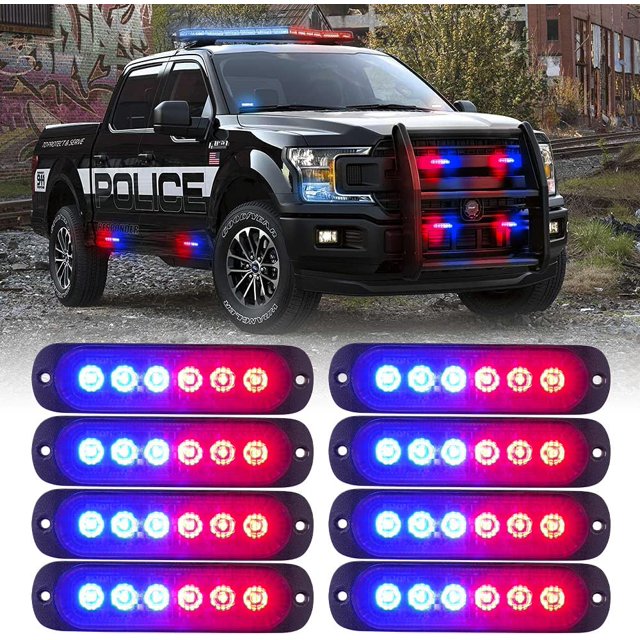 Kit de luces estroboscópicas de emergencia LED rojas y azules, peligro Luz de precaución intermitente para vehículos de construcción Camiones todoterreno SUV Motocicleta 8PCS