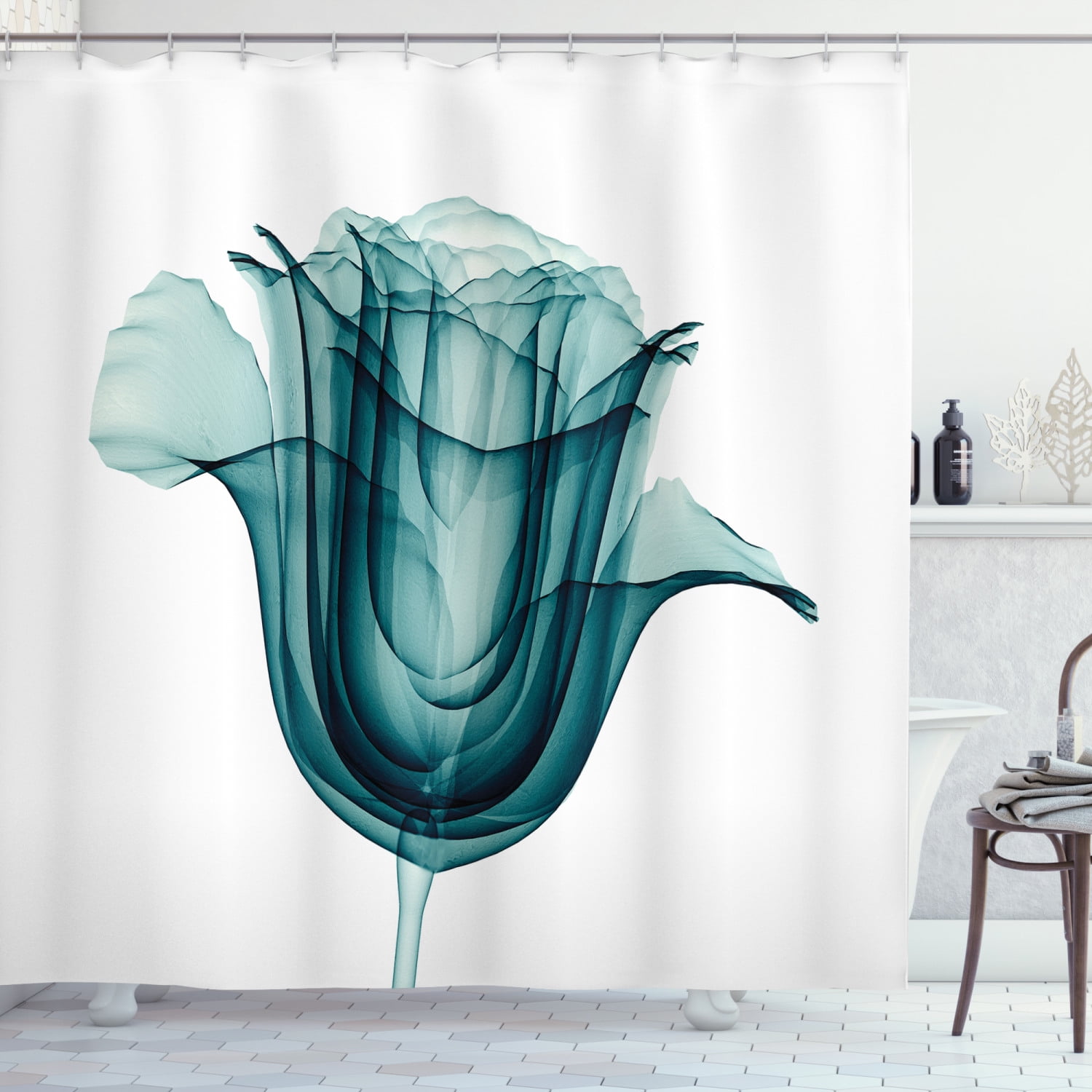 X-ray Clear Petal Flowers Shower Curtain Liner Bathroom Waterproof Fabric Hooks 