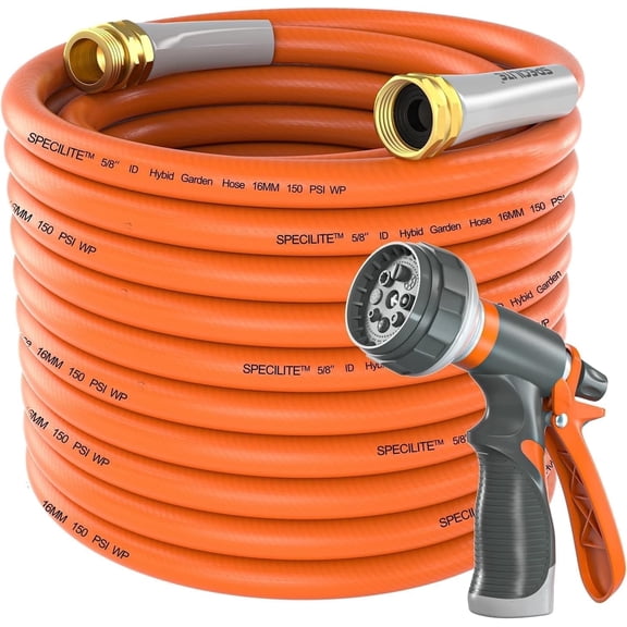 SPECILITE Garden Water Hose 200 ft x 5/8 in Heavy Duty, Flexible and Lightweight Rubber Pipe for Outdoor, 3/4'' Brass Fittings, Orange