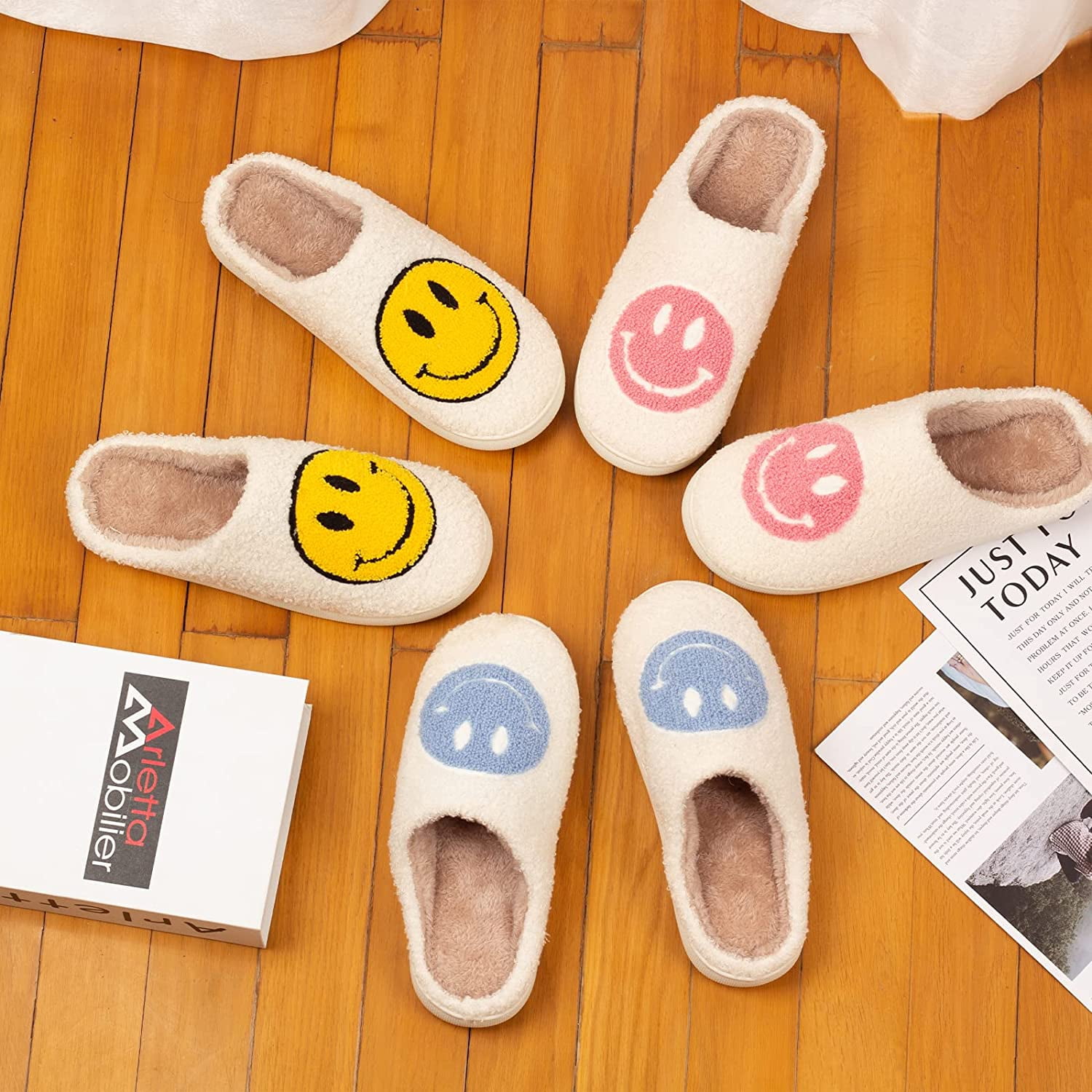 Smiley Face Slippers - Retro Soft Plush Slip-On Slippers With Anti-Skid Sole (Unisex, Multiple Colors) - View #11