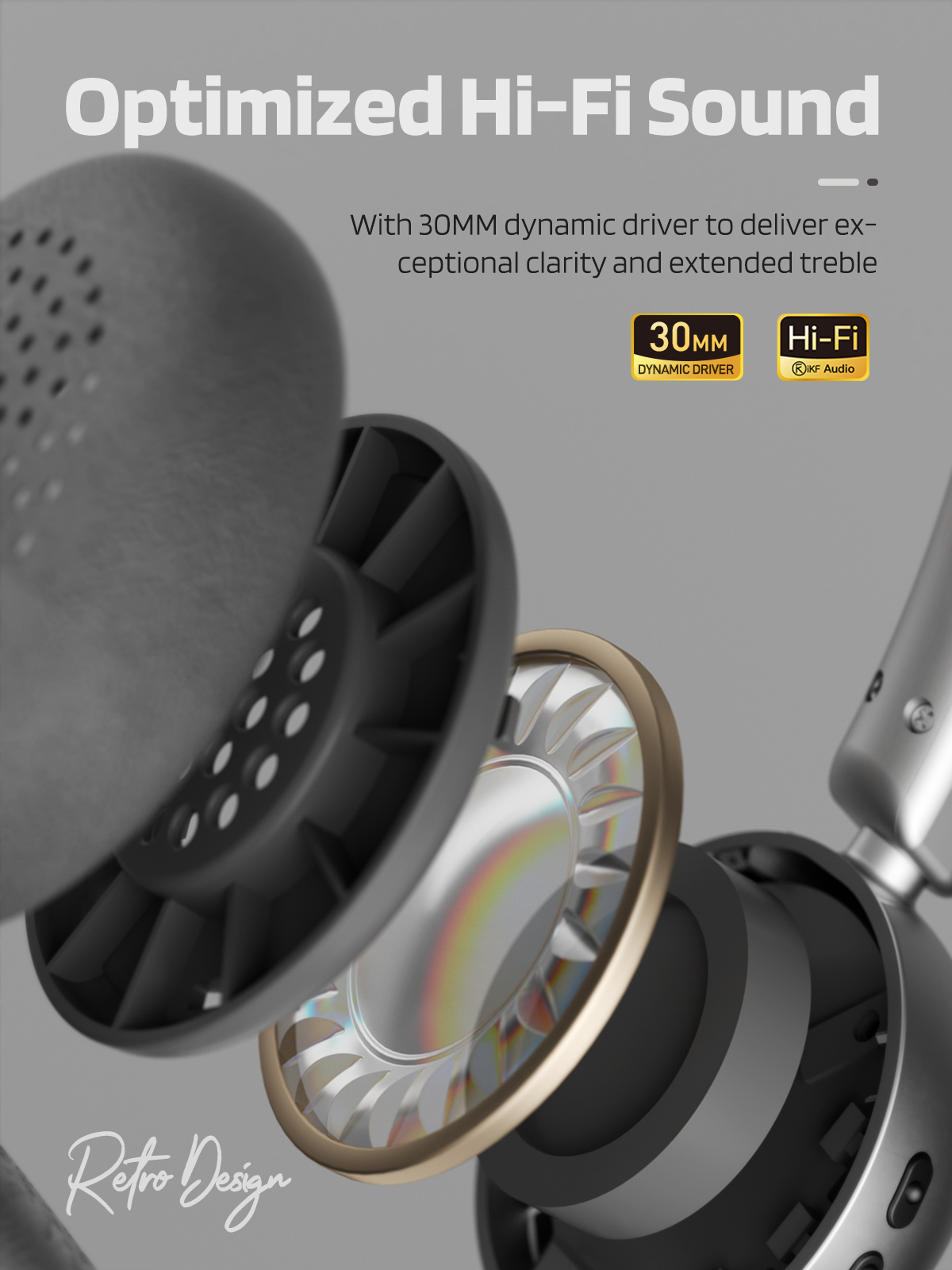 iKF R1 Wireless Retro Wireless Headphones Bluetooth 5.3 APP Custom Sound 60 Hours Playtime Game Mode Noise Isolation Built-in Microphone Throwback 80s 90s Design (Black)