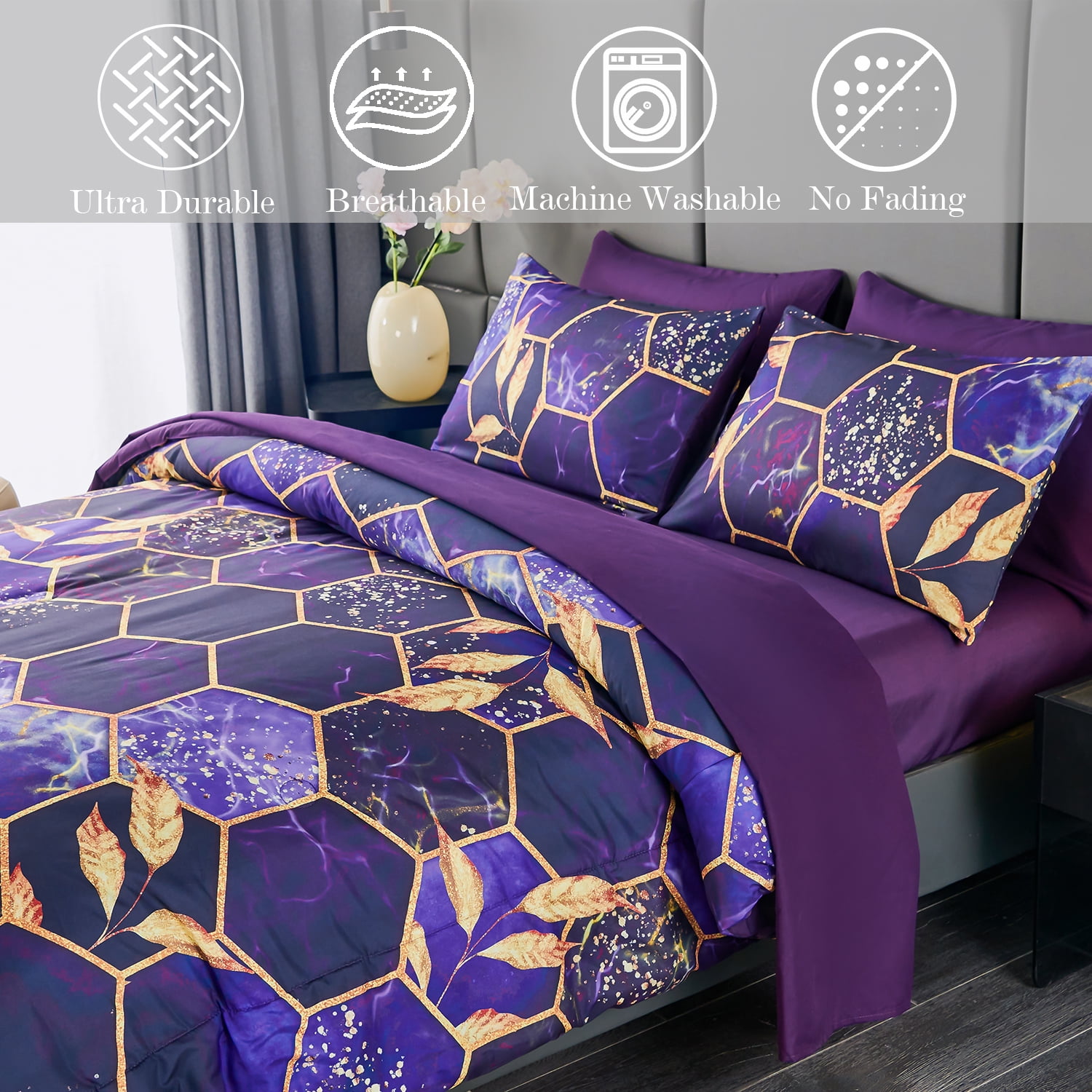 RYNGHIPY Cal King Comforter Set for Men Purple Marble Leaf 3Pcs Bedding Set Boho Geometric Marble Quilt Set with Pillowcases (Purple, Cal King)