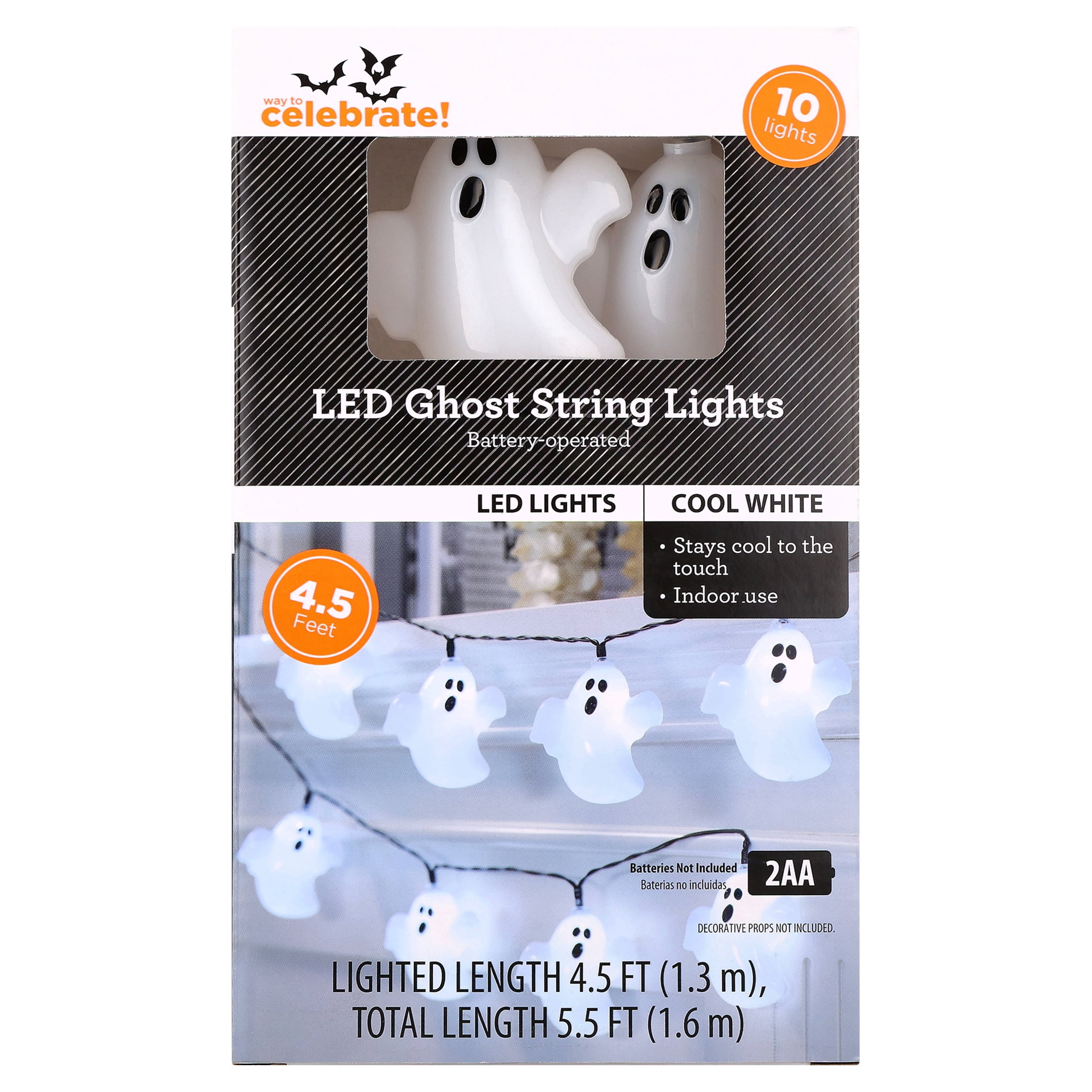 Indoor 10-Count Battery-Operated LED Ghost String Lights, Cool White, 4.5', Halloween by Way To Celebrate