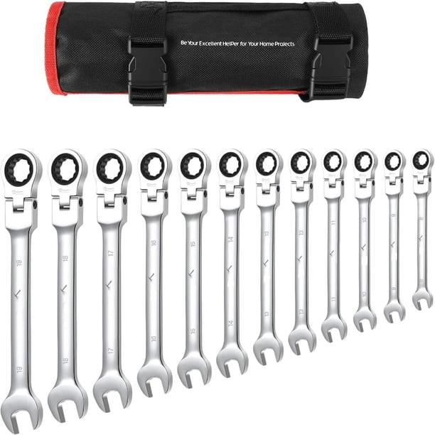 12 - piece ratcheting wrench set in metric (6 - 19mm), fixed head, chrome vanadium steel, comes con almacenamiento bag, 72 - tooth reversible ratchet combination wrenches