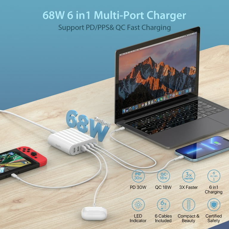  USB C Charger, SooPii 68W 6 Port USB Charging Station with One  30W PD/PPS Port and One 18W QC Port for Laptops, Phones and Other  Electronics, 6 Mixed Charging Cables Included