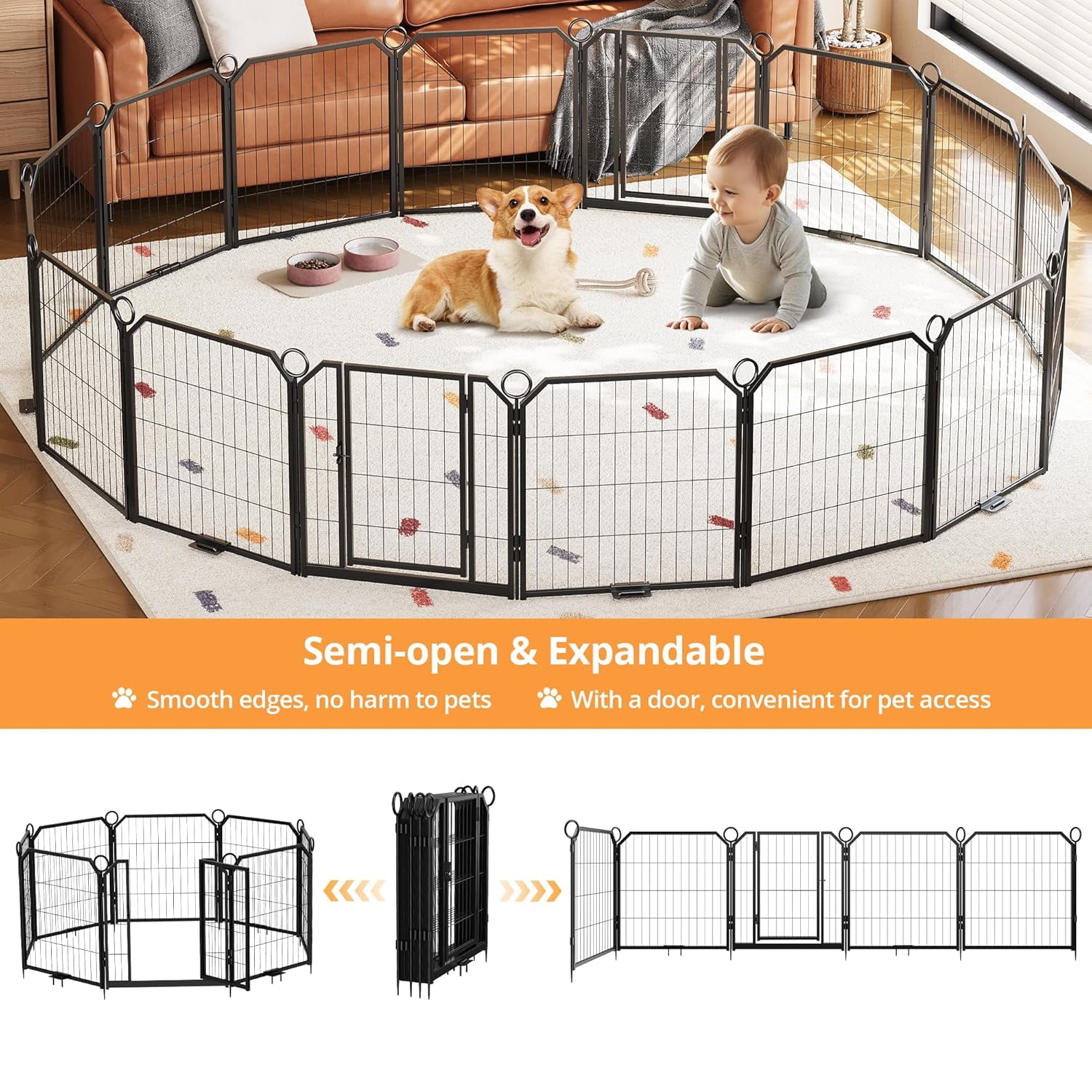 Emorefun Metal Fence Panels, 8 Panels Portable Dog Playpen with Gate for Indoor, Outdoor, RV Camping, 24"H, Black
