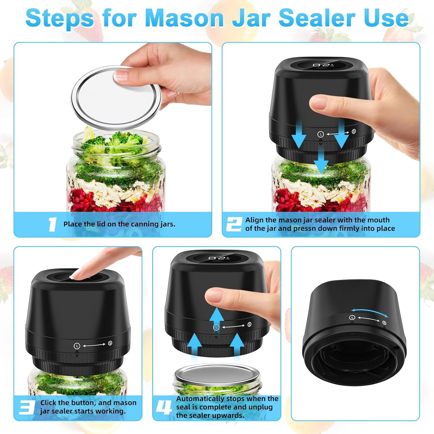 Electric Mason Jar Vacuum Sealer Kit, Automatic Stop 4 in 1 Jar Sealer for Wide and Regular Mouth Mason Jars Wine Bottle,Vacuum Bags Containers, Black