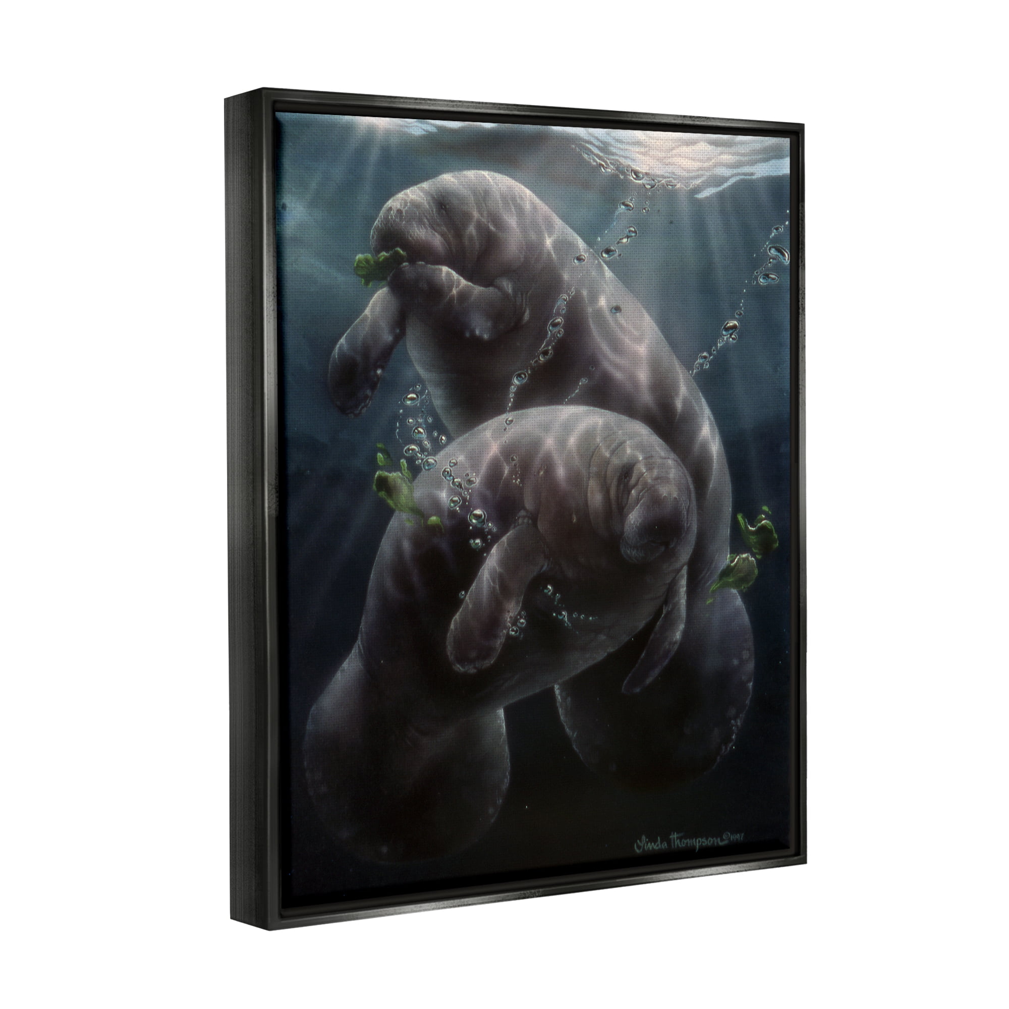 Stupell Industries Snack Time Manatees Underwater Coastal Painting Black Floater Framed Art Print Wall Art
