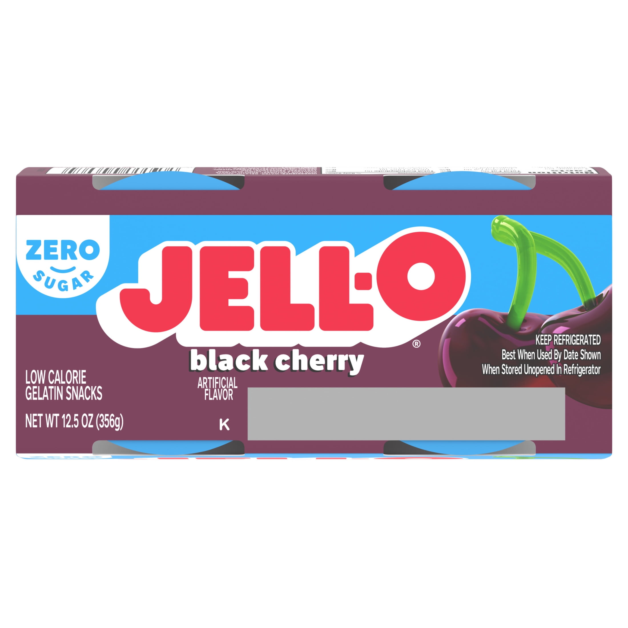Jell-O Zero Sugar Black Cherry Gelatin Snack Cups, Pre-Made, 4 Ct
