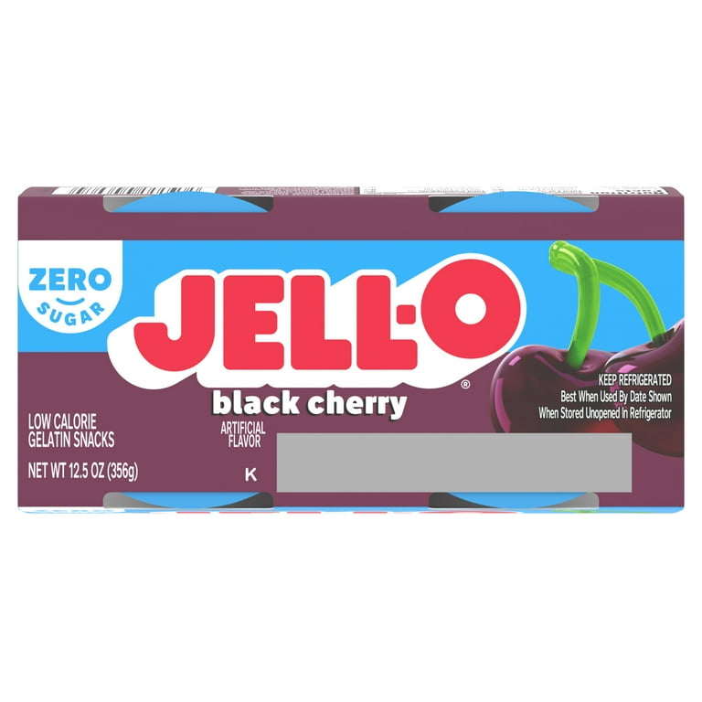 Jell-O Zero Sugar Black Cherry Gelatin Snack Cups, Pre-Made, 4 Ct