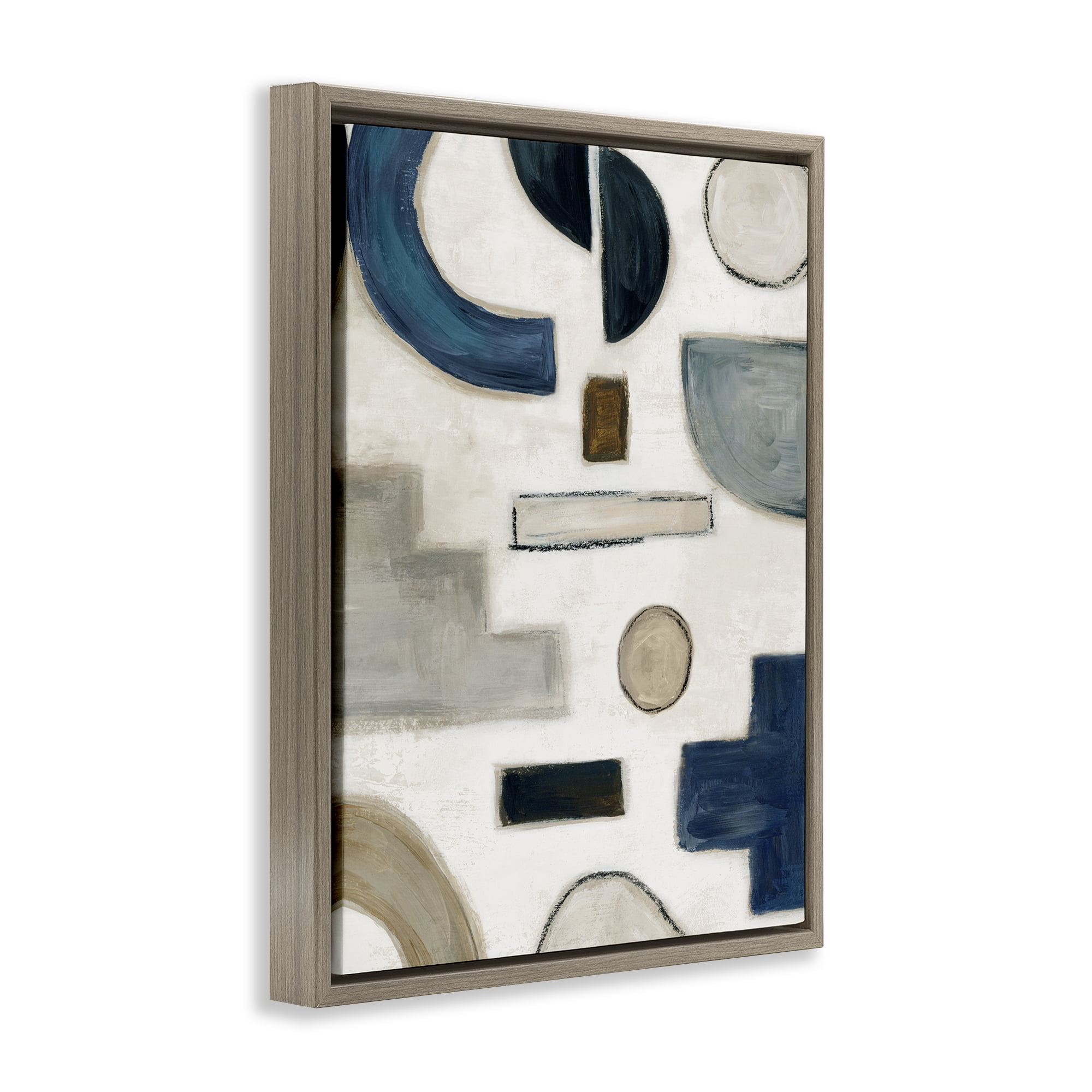 Stupell Industries Neutral Shapes Blue & Beige Abstract Painting Brown Floater Framed Canvas Art Print Wall Art, 17 x 21