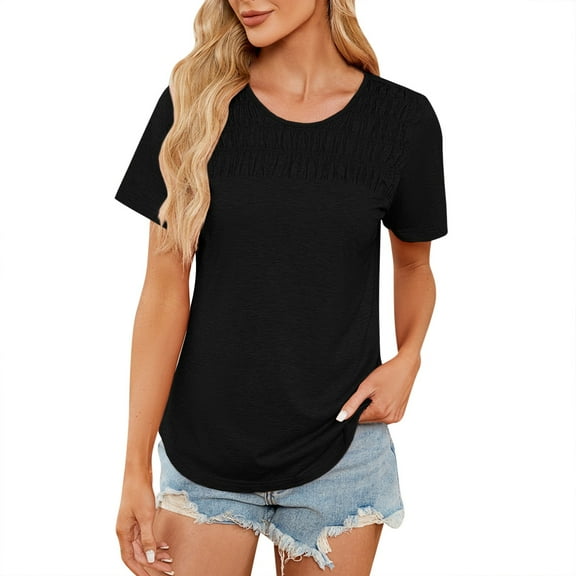 Duoif Women's Tops Women's Summer Solid Color Round Neck Pleated Short Sleeve T Shirt Top Tshirts Shirts for Women Black L