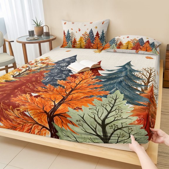King Size Fitted Sheet Set - Fall Forest 3 Piece Bedding Sets 16" Deep Pocket Fitted Sheet with 2 Pillowcases, Orange Blue Trees Maple Leaf Thanksgiving Brushed Microfiber Hotel Luxury Bed Sheets
