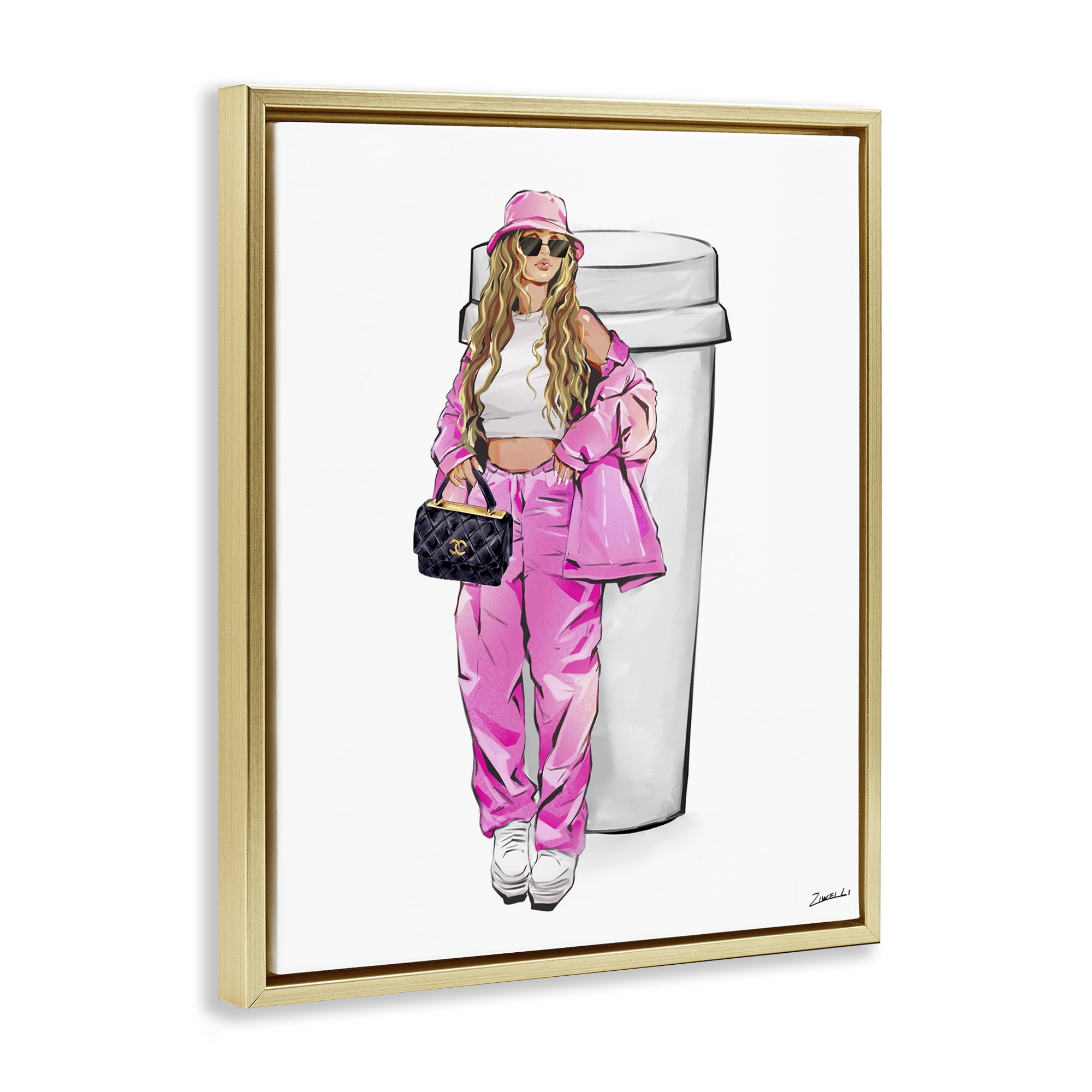 Stupell Industries Trendy Style Girl & Coffee Food & Beverage Painting Gold Floater Framed Canvas Art Print Wall Art, 25 x 31