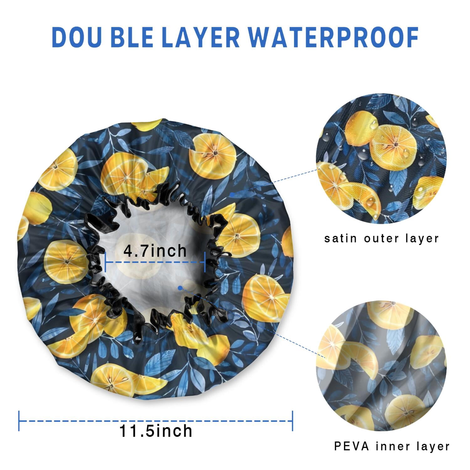 Shower Caps,Yellow Lemon Slices DarkBlue Pattern Waterproof Shower Cap for Women 4 Pieces,Double Reusable Hair Cover for Shower PEVA Elastic Stretch Hem