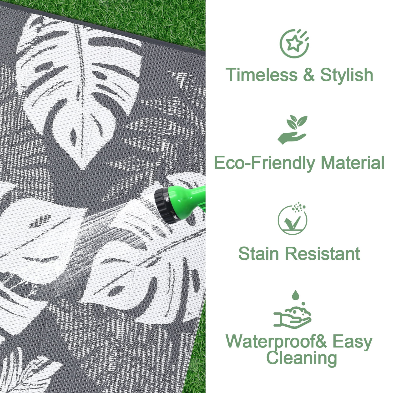GlowSol 10'x14' Outdoor Rug Plastic Straw Weatherproof Reversible Rug Modern Leaves Patio Camping Rugs for Deck Porch Picnic Balcony, Grey White
