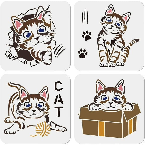 1set 4PCS Cat Stencils for Painting 8×8inch Cat Painting Stencils Cat Paw Print Cat Playing Drawing Template Washable PET Material for Wood Wall Home Decor DIY T-Shirt