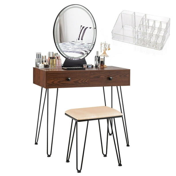 Costway Tocador con espejo, tocador con taburete y organizador cosméticos, espejo pantalla táctil con 3 colores, para salón y dormitorio