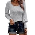 thumbnail image 2 of Woman Round Neck Long Sleeve Top Solid Color Puff Sleeve Casual T Shirt Blouse for Office Dating Shopping Light Gray L, 2 of 6
