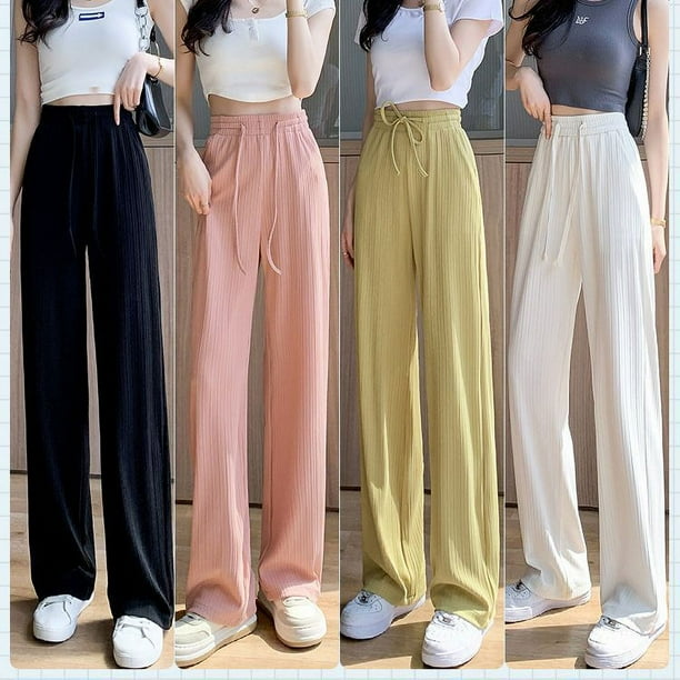 Pantalones anchos de seda de hielo para mujer en verano, diseño fino, cintura alta, sensación de caída, gasa gris, pequeños e informales, pantalones ajustados de pierna recta