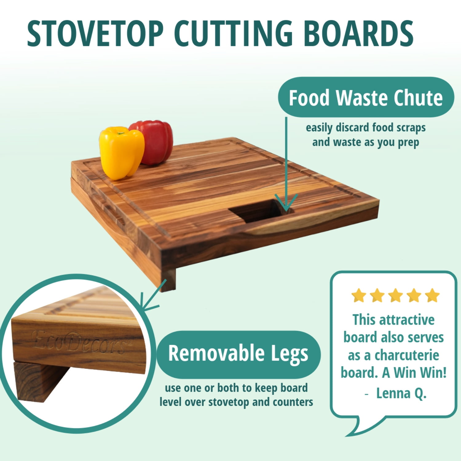 EcoDecors 17" x 18" FSC Teak Edge Grain Cutting Board with Groove  Handle