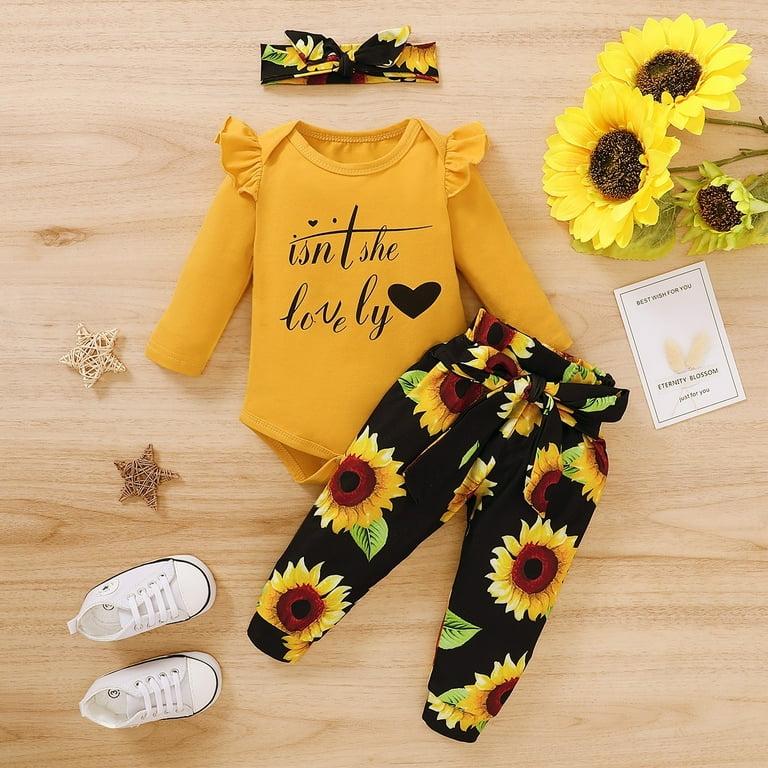Infant Toddler Long Sleeve Heart with Arrow Heart Romper Sunflower Lace up Trousers Bow Headband