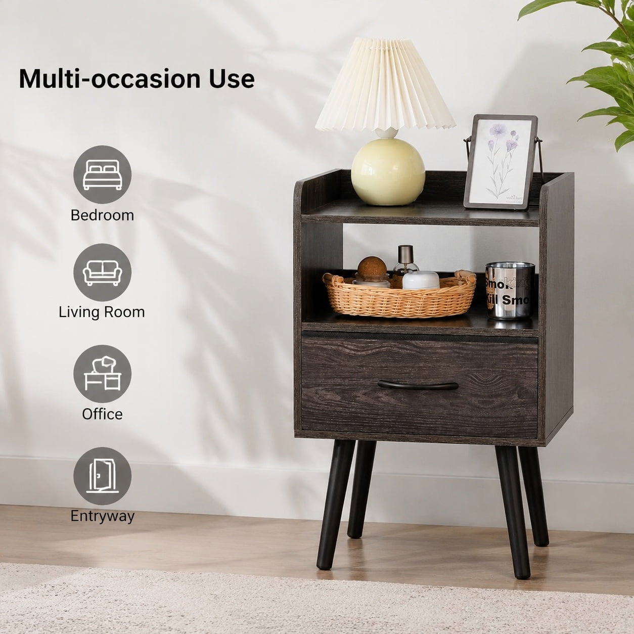 Nightstand with Fabric Drawer Modern Mid Century Bedside Table with Open Storage Shelf Small 2-Tier Wood Nightstand for Bedrooms