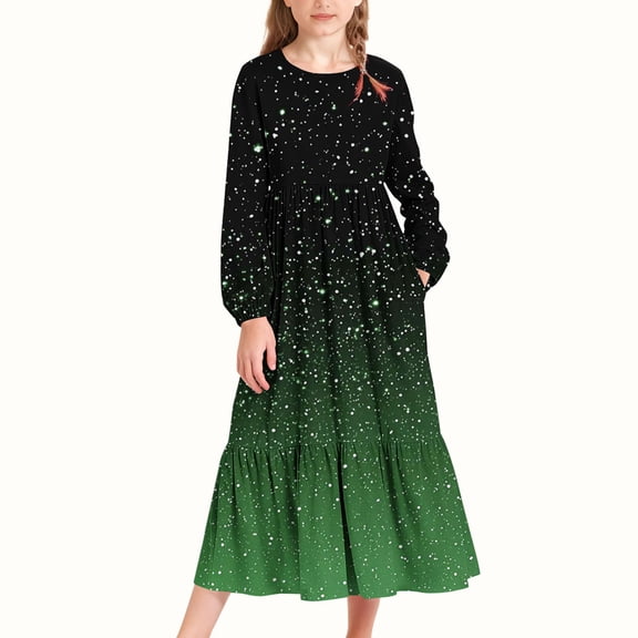 BRGZLK Girl's Long Sleeve Maxi Dresses Gradient Midi Floral Print Sequin Long Sleeve Round Neck Casual Loose Fit Long Dress Flowy Party Dress Green 10-11 Years