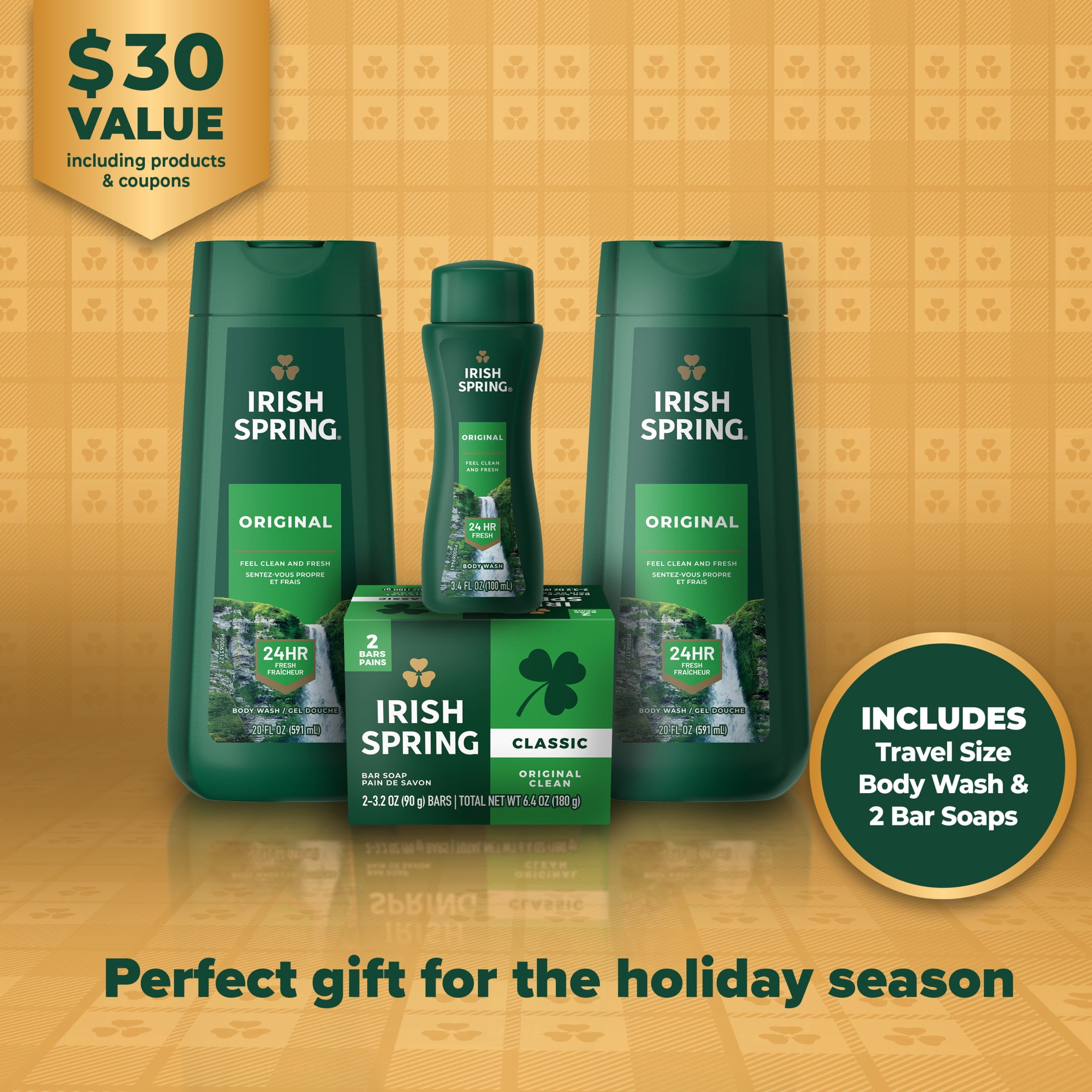 (1 pack) Irish Spring Body Wash Winter Gift Set, Original Scent, Feel Fresh All Day, Holiday Gift Set For Men, 4 Piece Gift Set