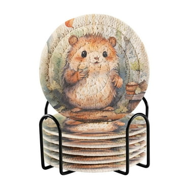 Hedgehog Mouse Leaves 6 Pcs Drink Coasters with Holder Absorbent Coasters Woven Coasters for Drinks Table Desk Protection Home Decor