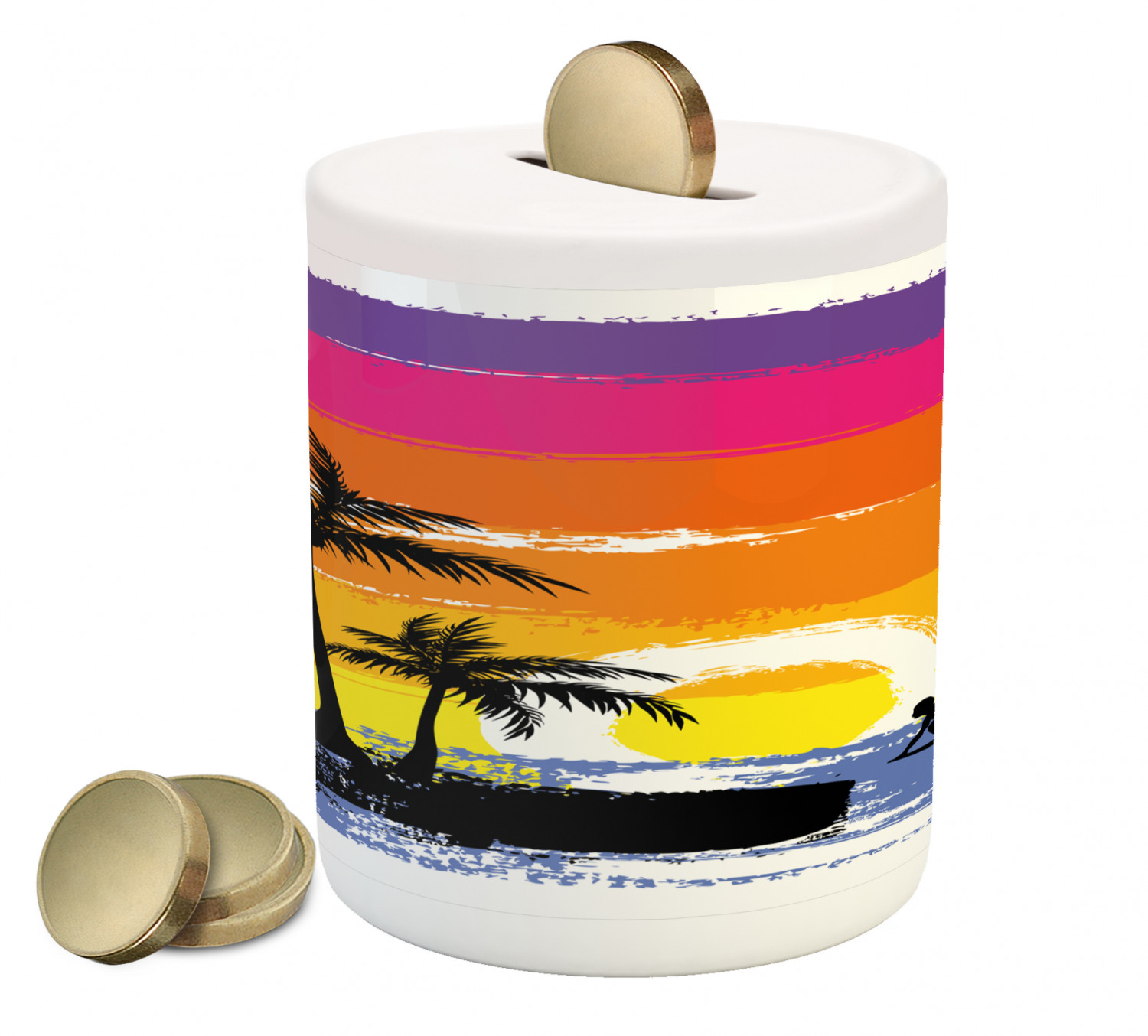 Ride the Wave Piggy Bank, Exotic Beach with Silhouette of Palm Trees ...